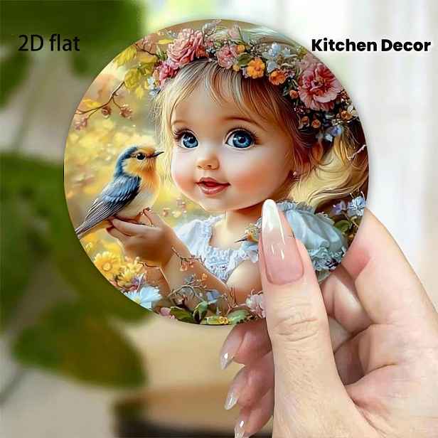 TEMU Magnet na lednici z akrylátu 3,15in x 3,15in s roztomilou malou holčičkou a ptáčkem s květinovým vzorem, dekorace do domácnosti, magnetická