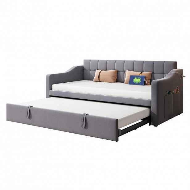 FLIEKS ČALOUNĚNÁ POSTEL, 90/180 cm, sametová, USB, šedá
