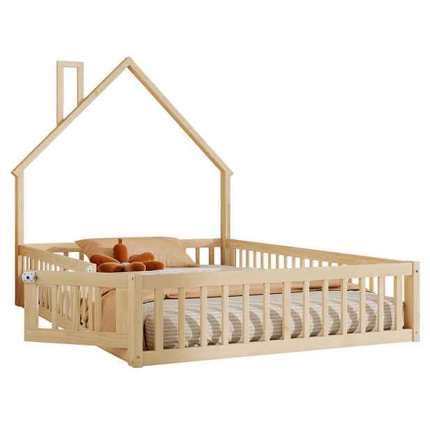 OKWISH DĚTSKÁ postel domeček 140/200 cm přírodní z borovice a MDF se stříškou a bezpečnostním zábradlím