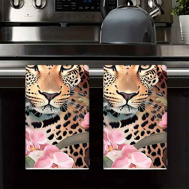 TEMU 2ks Ručníky s Pestrobarevným Leopardem & Tropickými Květy - Ultra-Měkký Polyester, Pratelné v Pračce, Ideální pro Dekoraci Kuchyně & Koupelny,