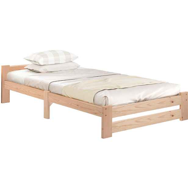 OKWISH POSTEL 90/200 cm přírodní z masivního dřeva s čelem a lamelovým roštem