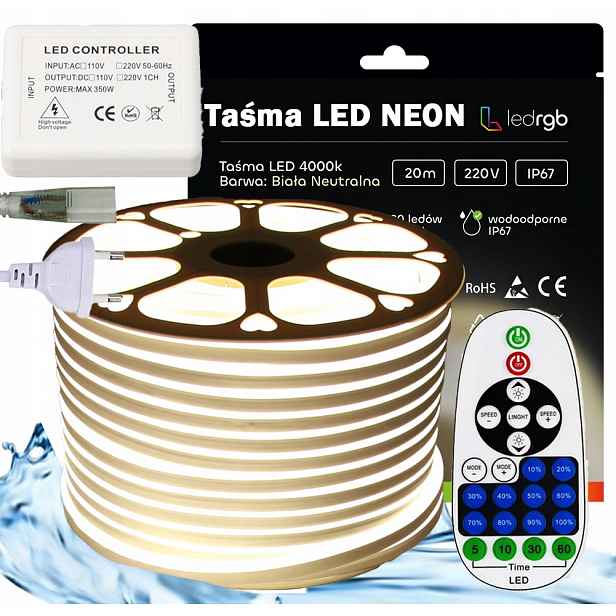 Set Led pásek Neon 230V 20 m 4000K Bílý Neutrální Ovladač Dálkový Ovladač 23 Ir