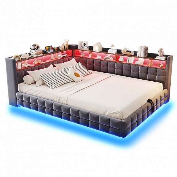 Modfu ČALOUNĚNÁ postel ze sametu 140x200 cm šedá s LED osvětlením, USB-C, USB, zásuvkou a hydraulickým úložným prostorem