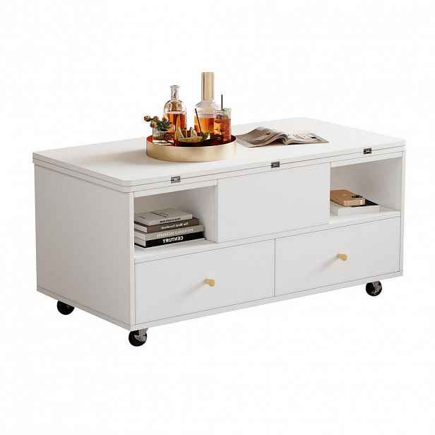 Modfu KONFERENČNÍ stolek z MDF 100x50x47,5 cm bílý s hydraulickým zvedáním, sklápěcí deskou a 4 zásuvkami