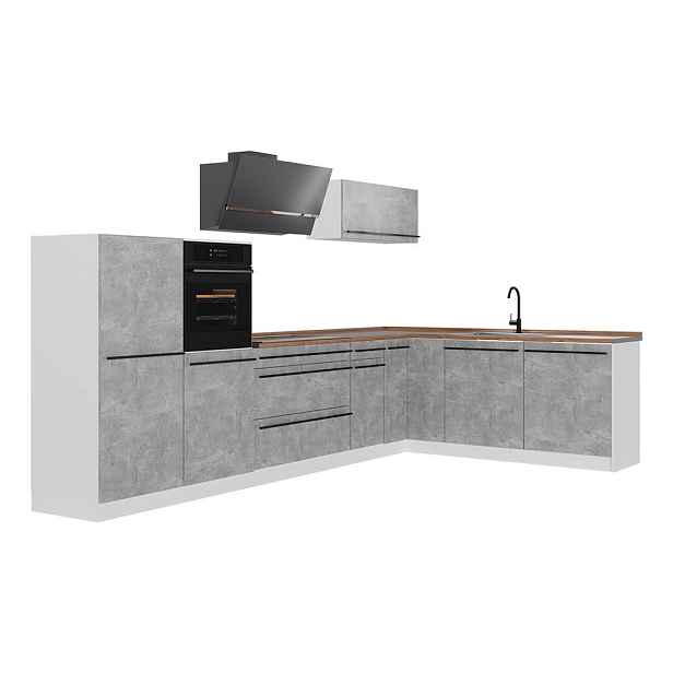 Vicco ROHOVÁ KUCHYŇ R-Line, Beton/Bílá, 347 x cm pracovná doska Dub Goldkraft