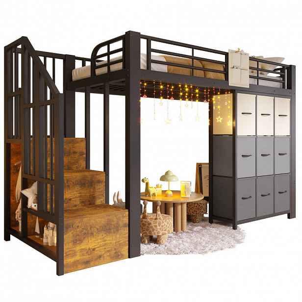 OKWISH PATROVÁ postel 90/200 cm černá z kovu a MDF s úložným prostorem