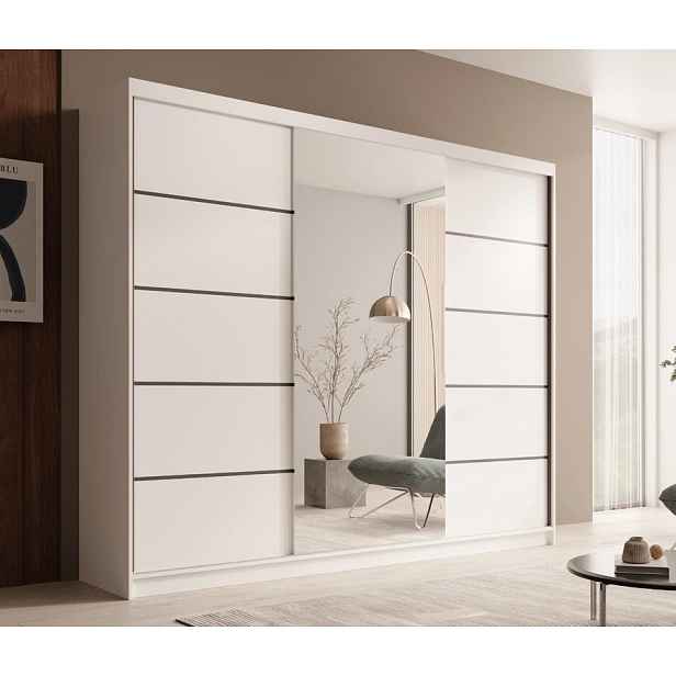 Velká šatní skříň se zrcadlem 250 cm PORA - bílá