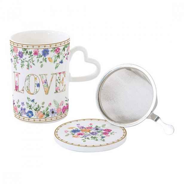 Hrnek s víčkem a kovovým infuzérem, porcelán, 350ml, "Mon Amour" - Eas