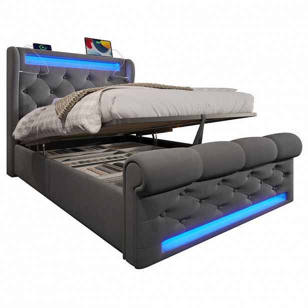 Redom ČALOUNĚNÁ postel 90/200 cm s LED osvětlením, USB a Typ C nabíjením, hydraulickým úložným prostorem, Šedá