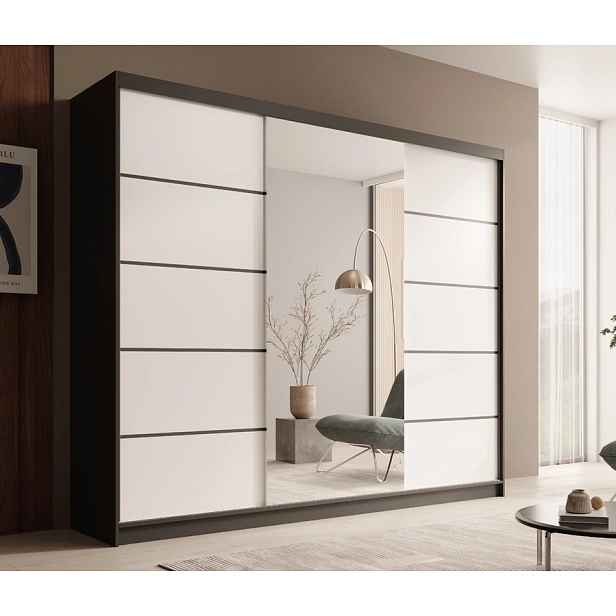 Velká šatní skříň se zrcadlem 250 cm PORA - černá / bílá