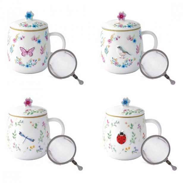 Hrnek s víčkem a kovovým infuzérem, porcelán, embosovaný design, 450 m