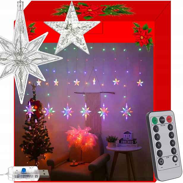 Malatec 17228 Světelný závěs hvězdy, vločky 138 Led, Usb, dálkové ovládání,