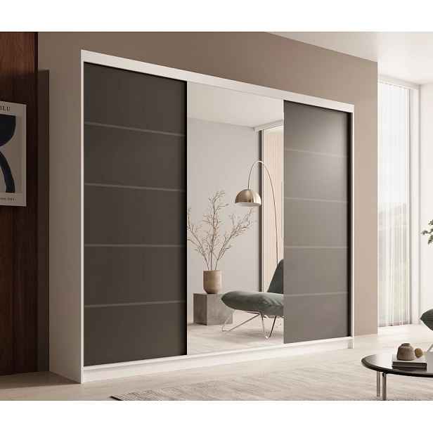 Velká šatní skříň se zrcadlem 250 cm PORA - bílá / černá