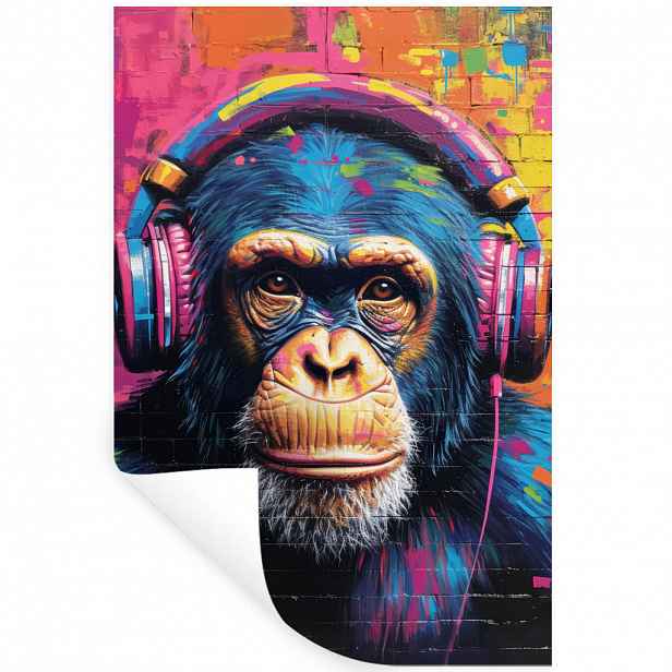MuchoWow SAMOLEPKA NA ZEĎ Graffiti - Šimpanz - Street art - Sluchátka - Opice 40x60 cm