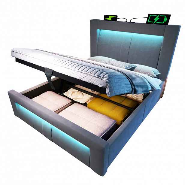 Redom ČALOUNĚNÁ postel 90/200 cm s úložným prostorem, LED osvětlením, USB a Type-C nabíjením, s matrací, Šedá