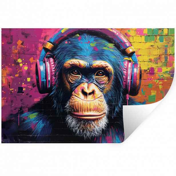 MuchoWow SAMOLEPKA NA ZEĎ Graffiti - Šimpanz - Street art - Sluchátka - Opice 60x40 cm