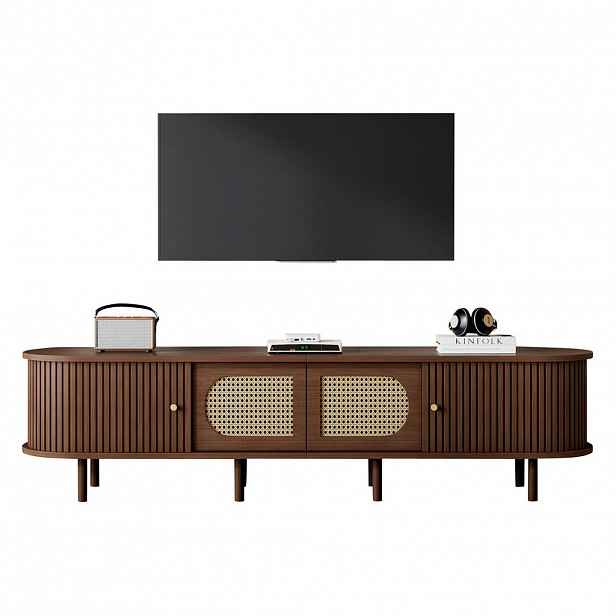 Modfu TV stolek z MDF 180x40x40 cm tmavý dub se 2 dvířky, 2 roletovými dvířky a ratanovým dekorem