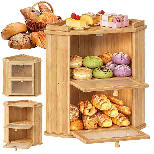Rohový chlebník 2patrový bambusový 32x32x44 cm s akrylovými dvířky na kuchyňskou linku