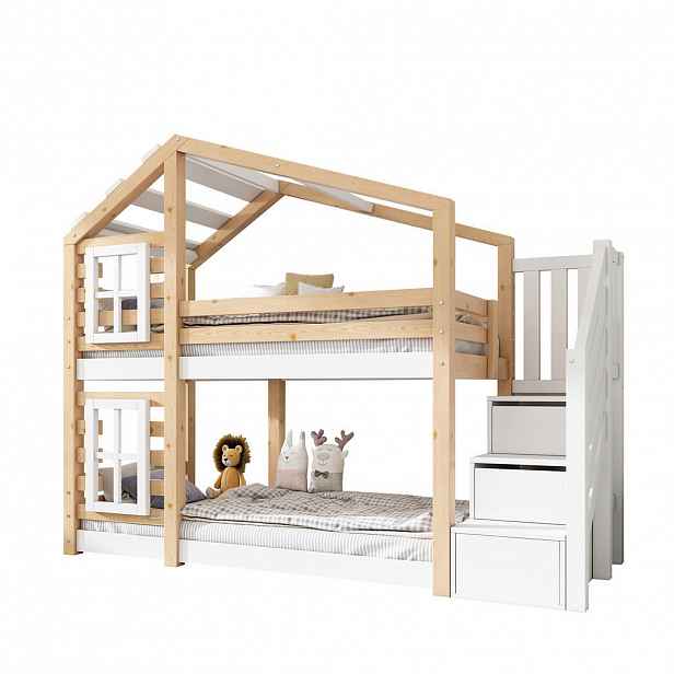 STILVORA PALANDA 90/200 cm & 90/200 cm, přírodní & bílá, se zásuvkami a zábranou, design domku na stromě