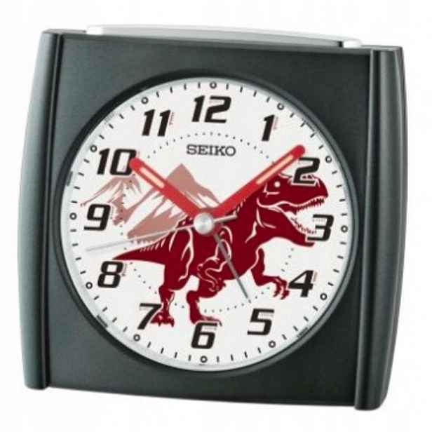 Černý Čtvercový Budík Seiko Dinosaurus QHE212K Alarm Tichý Mechanismus 9 cm