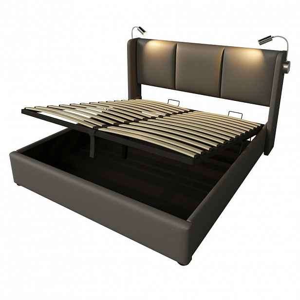 Redom ČALOUNĚNÁ postel 140x200 cm s LED čtecím světlem, USB nabíjením a úložným prostorem, Šedá
