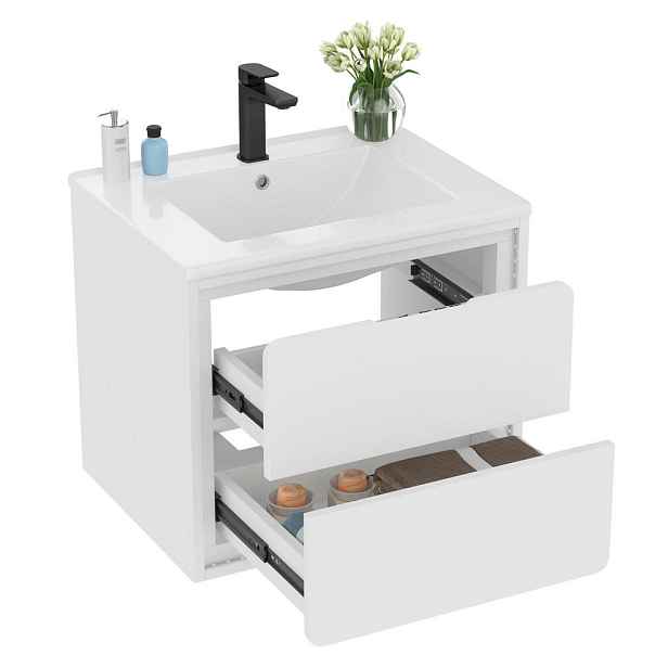EVRYAE SKŘÍŇKA POD UMYVADLO Koupelnová skříňka MDF keramické umyvadlo LED senzor Soft-Close 2 zásuvky
