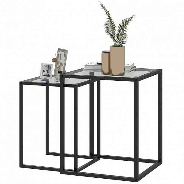 Modfu SADA 2 odkládacích stolků z tvrzeného skla 42x42x51 cm černá, stohovatelné s ocelovou konstrukcí