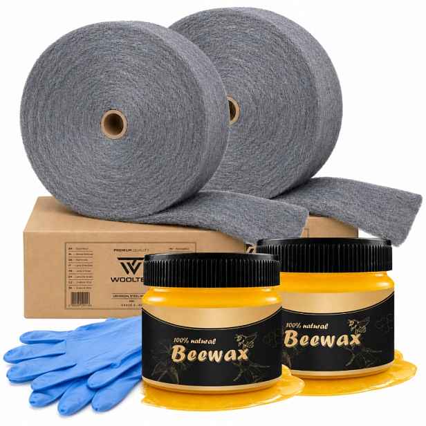 Sada na leštění dřeva nábytku 2x Vosk BeeWax 80 g ocelová vlna 2 kg