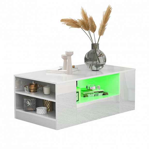 Modfu KONFERENČNÍ stolek z dřevotřísky 95x53x37 cm bílý s LED osvětlením, 2 zásuvkami a 2 policemi