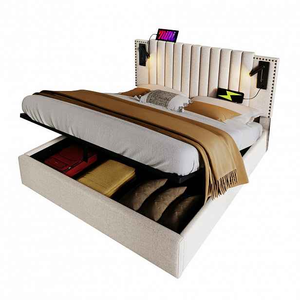 Redom ČALOUNĚNÁ postel 160x200 cm s čtecím světlem, USB a úložným prostorem, Béžová