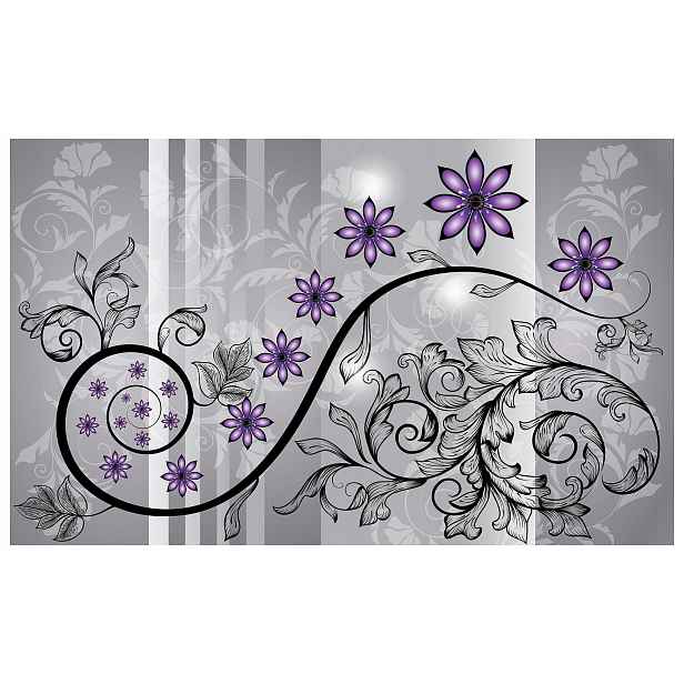 Fialová tapeta Spirálová elegance květin na stříbrném pozadí 312x219 lepidlo