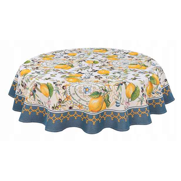 Ubrus 140 x 140 cm Lima citrony modrý skandinávský vzor stůl kulatý