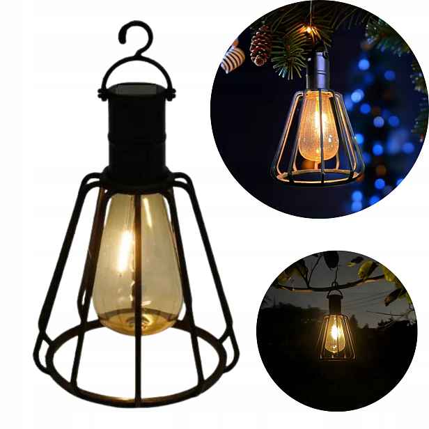 Industriální solární lampa s Led senzorem soumraku, závěsná Ø 10.5 x 19.5 cm