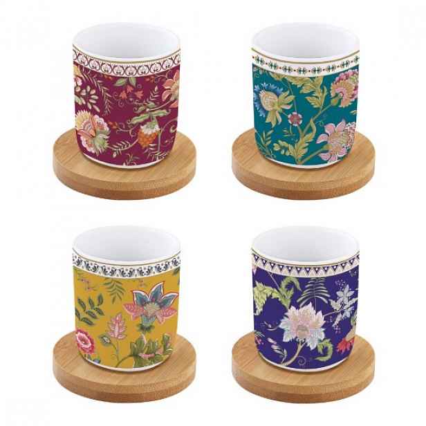 Sada 4 porcelánových šálků, 110 ml, s bambusovými podšálky, "Magie D'O