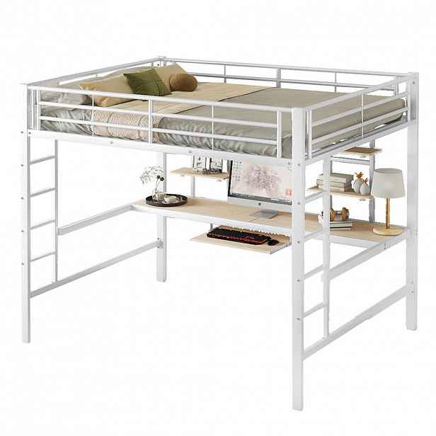 STILVORA PATROVÁ POSTEL 140/200 cm, bílá, kovová, s psacím stolem a 2 policemi, minimalistický design