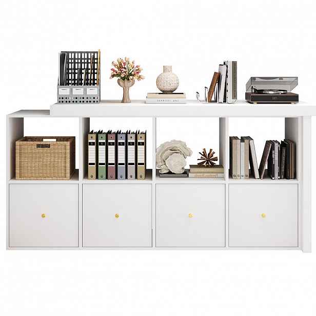 Modfu ROHOVÝ psací stůl z MDF 120x48x78/140x35x74 cm bílý s 360° otočnou deskou, zásuvkami a policemi