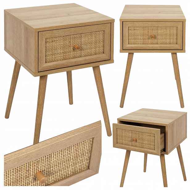 Noční stolek Tivo boho s ratanovými čely 55.4 cm do ložnice šuplík