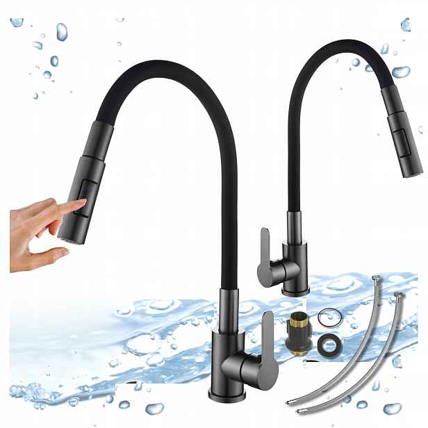 Kuchyňská stojánková baterie Flex Lux Gun Metal Flexibilní ohýbací výtok Kohoutek
