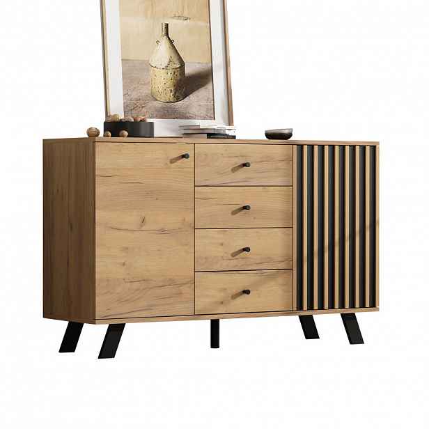 Modfu KOMODA z MDF a masivního dřeva 120x38x75 cm černá/přírodní se 4 zásuvkami a 2 skříňkami, s lamelovým dekorem