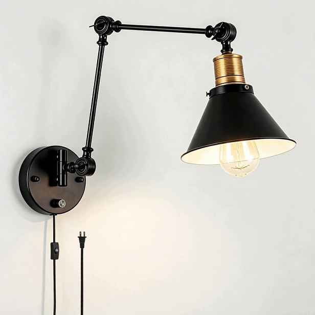 Nástěnná lampa s otočným ramenem z černého mosazi ve vintage stylu, průmyslové nástěnné svítidlo s možností zapojení do zásuvky