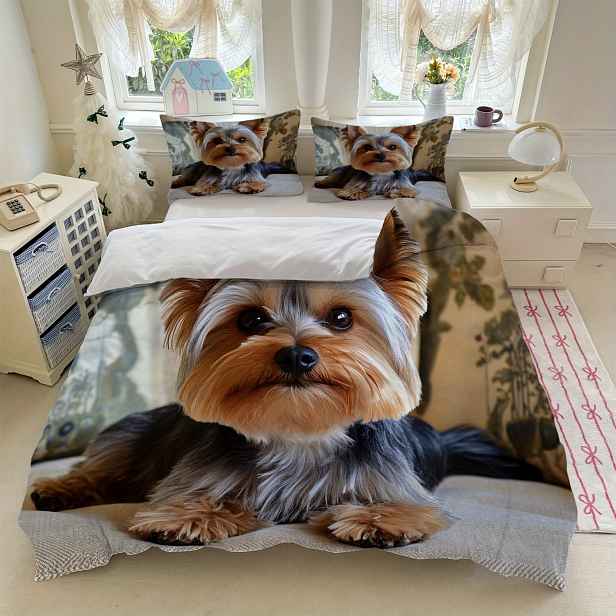 TEMU 3ks Sada Ložního Prádla s Potiskem Yorkshire Terrier - Vícebarevný Psa (1Povlečení na Přikrývku + 2Polštářové Pouzdra, Bez Výplně) pro Ložnici