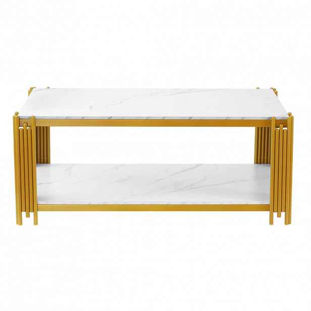 Modfu KONFERENČNÍ stolek z MDF a kovu 114x46x64 cm bílá/zlatá se 2 policemi a deskou v mramorovém dekoru