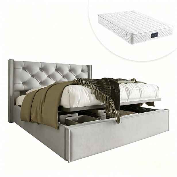 OKWISH ČALOUNĚNÁ postel 140/200 cm světle šedá z bavlny s úložným prostorem a matrací
