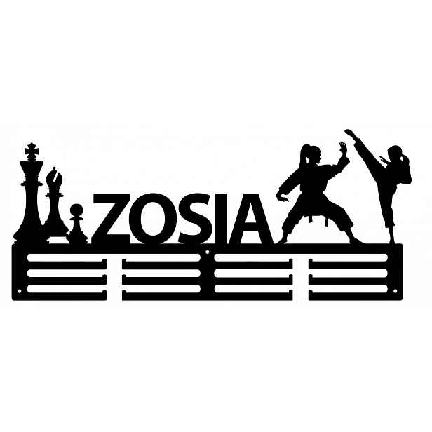 Věšák držák na medaile háček Jméno libovolné nápis logo Černý Karate Šachy