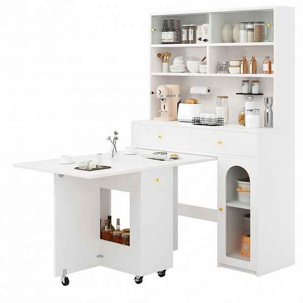 Modfu KUCHYŇSKÁ sestava z MDF 120x45x180 cm bílá se sklápěcím stolem, úložným prostorem a kolečky