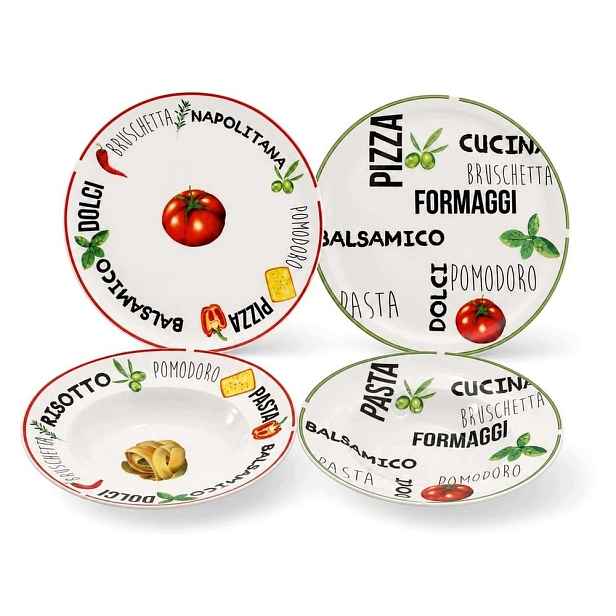 Sada talířů na pastu a pizzu 4 ks porcelánové 27 cm a 30 cm 2 vzory
