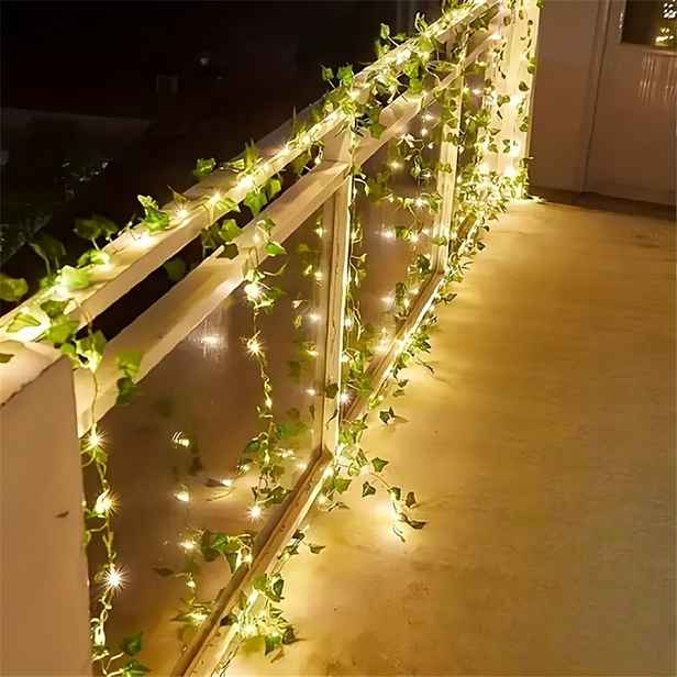 TEMU Sada umělých zelených světelných girland s břečťanu, napájených bateriemi, délka 5 m (16.4Ft), 50 LED diod, interiérové světelné řetězy, vhodné