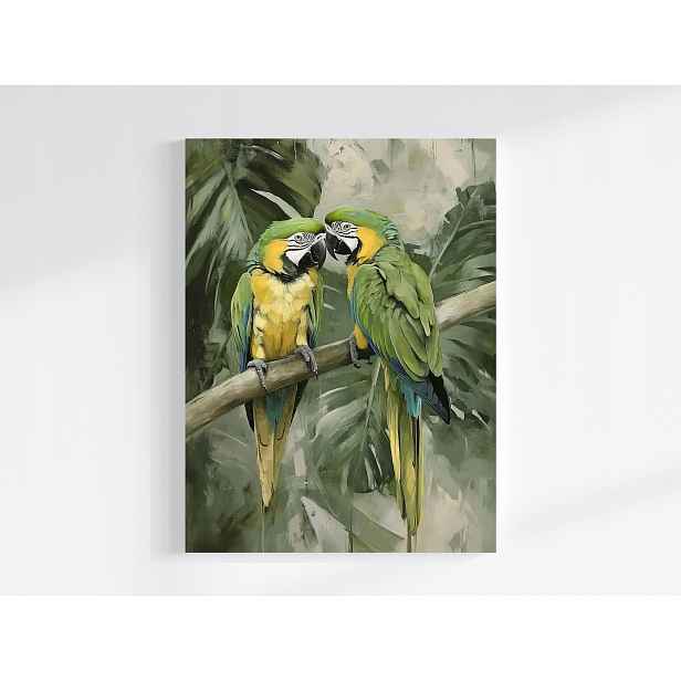 Obraz Na Plátně Canvas Příroda Pták Papoušek Ara Dřevo Palma Monstera 60x80
