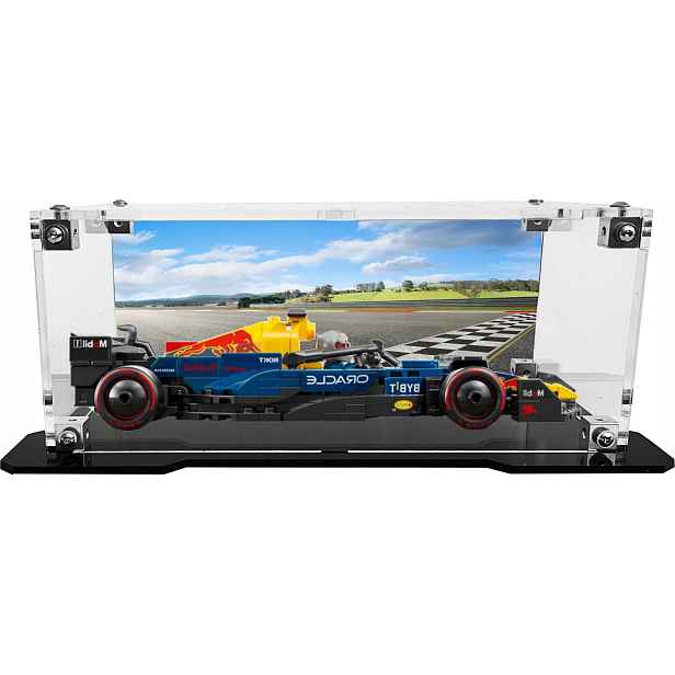 Vitrína s černou základnou a pozadím pro stavebnici Lego 77243 Formule F1 Red Bull
