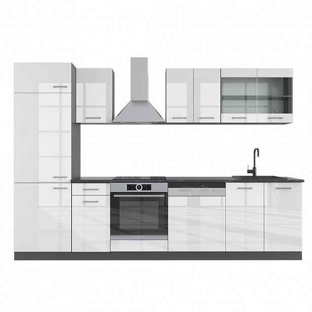 Vicco KUCHYŇSKÝ KOUT R-Line Bílý vysoký lesk/antracit 300 cm bez pracovní desky